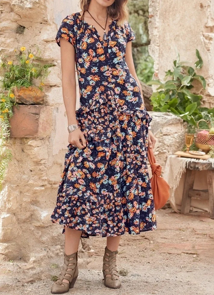 Sundance Living Catalog Petite M PM Tiered Maxi Dress Floral Navy w/Slip Ruffle!