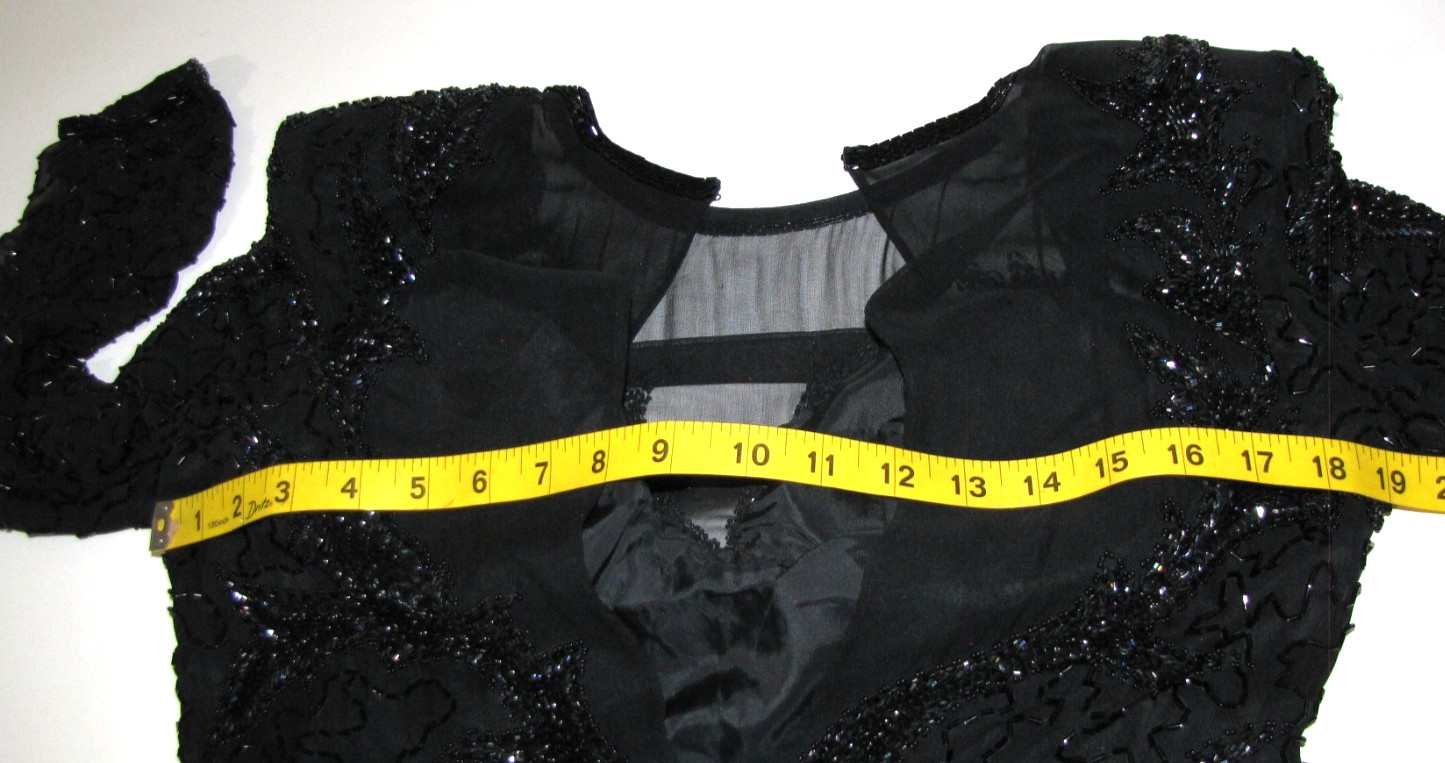 Vtg AJ. BARI Beaded & Sequin Silk Black Formal Maxi Gown Diagonal-hem Wm. 10