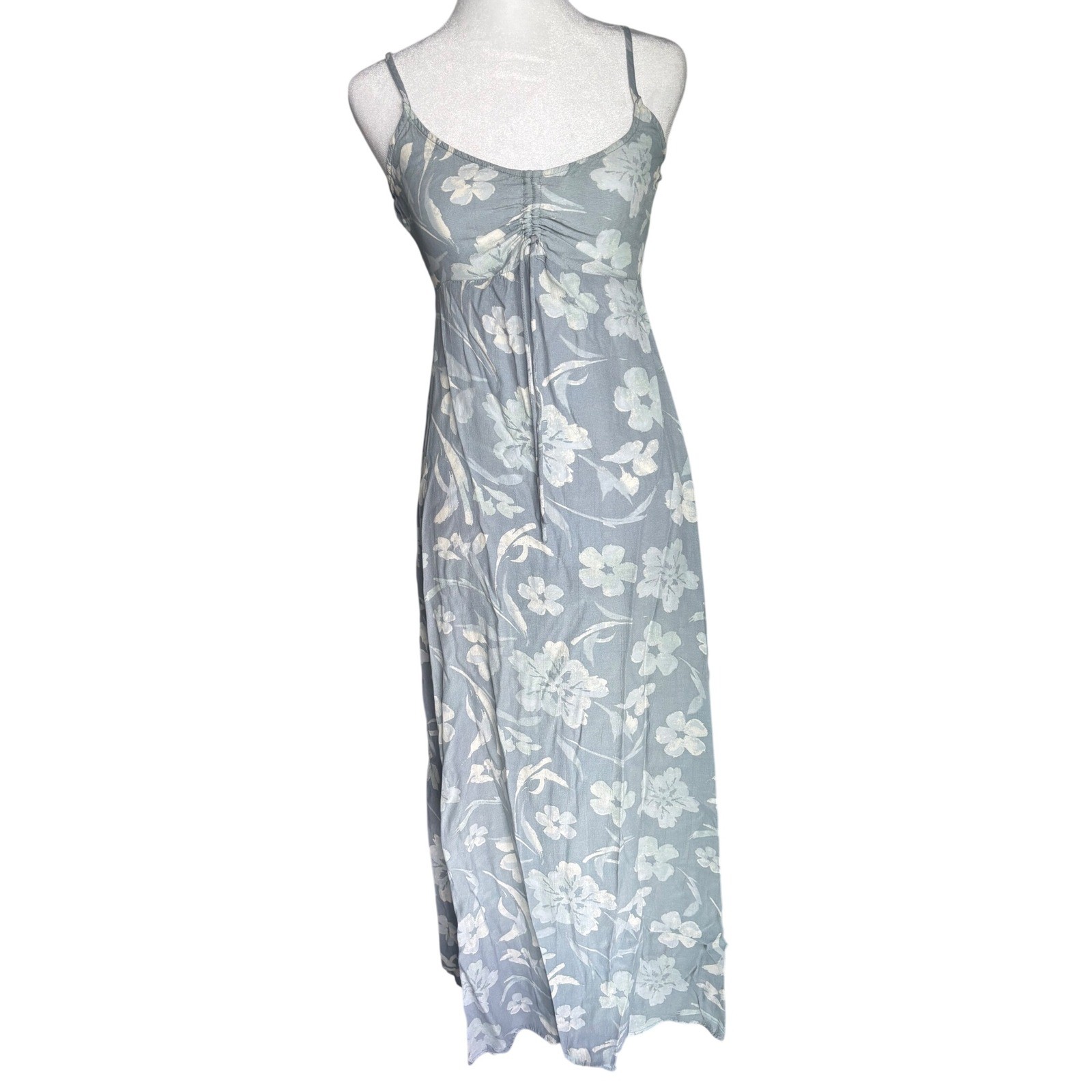 Blue Floral Ruched Tie Front Maxi Dress XS Cottagecore Boho Slit O’Neill Womens