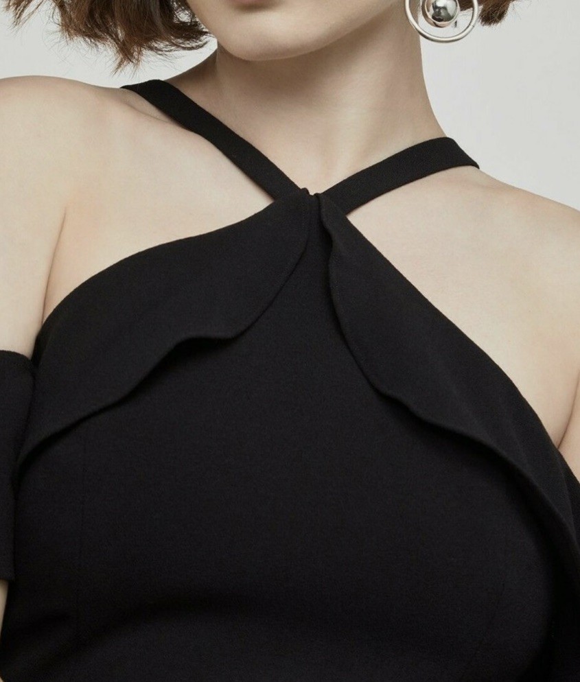 NWT BCBG MAXAZRIA SIZE 4 ELISE OFF SHOULDER HALTER NECK RUFFLE SHEATH DRESS $298