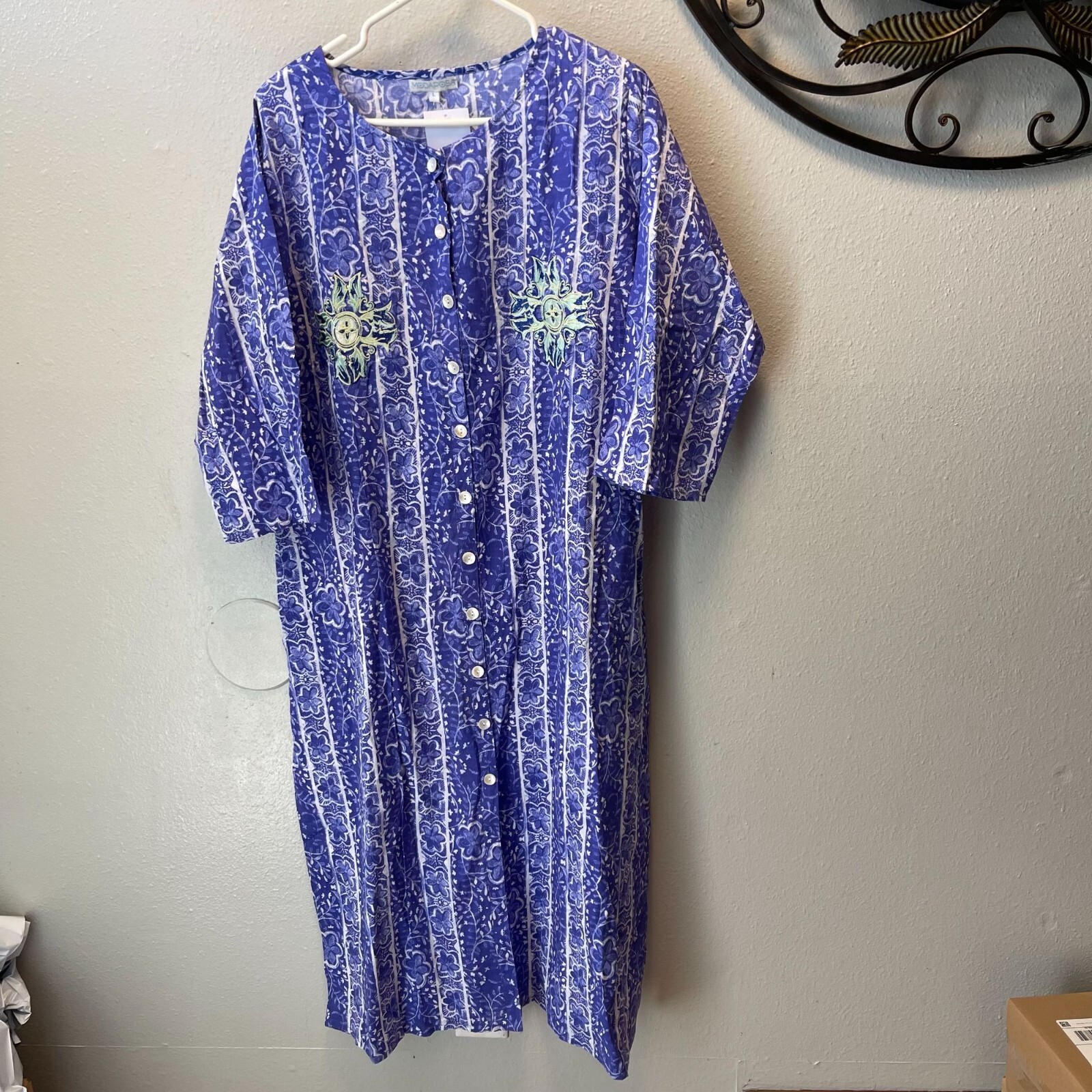 MODAPOSA Blue Floral Kaftan Tunic Dress Button Front Embroidered Cotton
