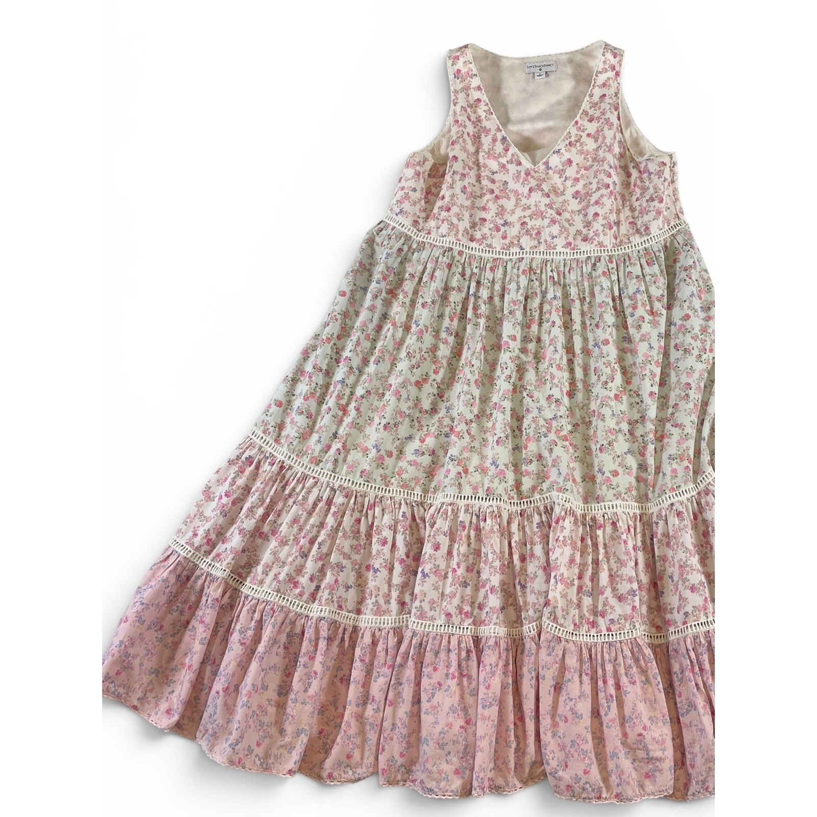 LoveShackFancy x Target Camille Pink Floral Tiered Babydoll Midi Dress S Pockets