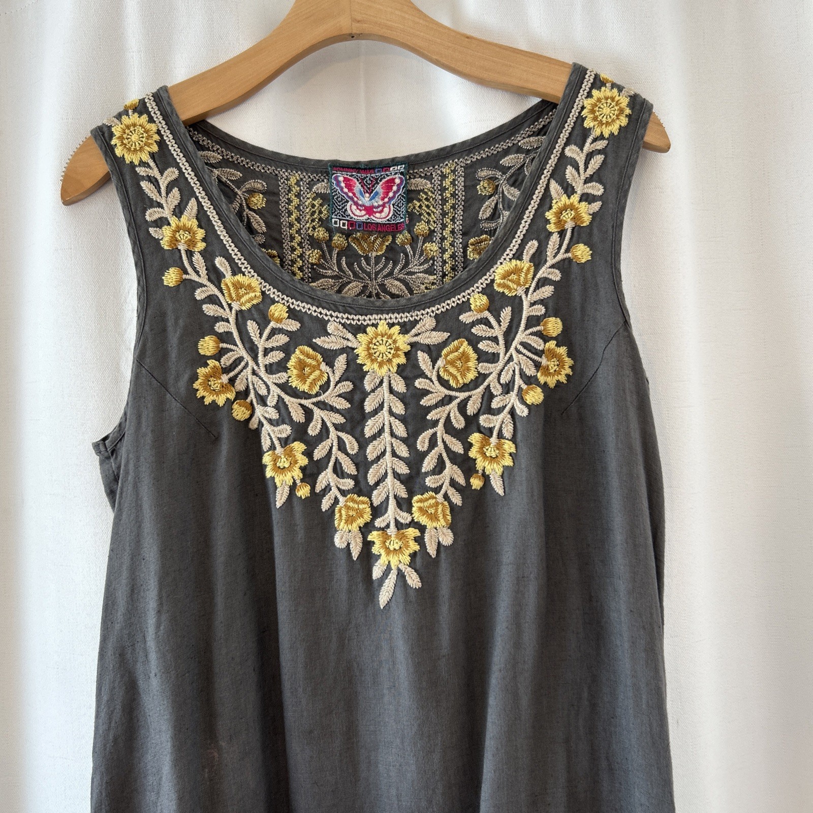 Johnny Was Embroidered Linen Tunic Dress Womens S Gray Floral Boho Sleeveless