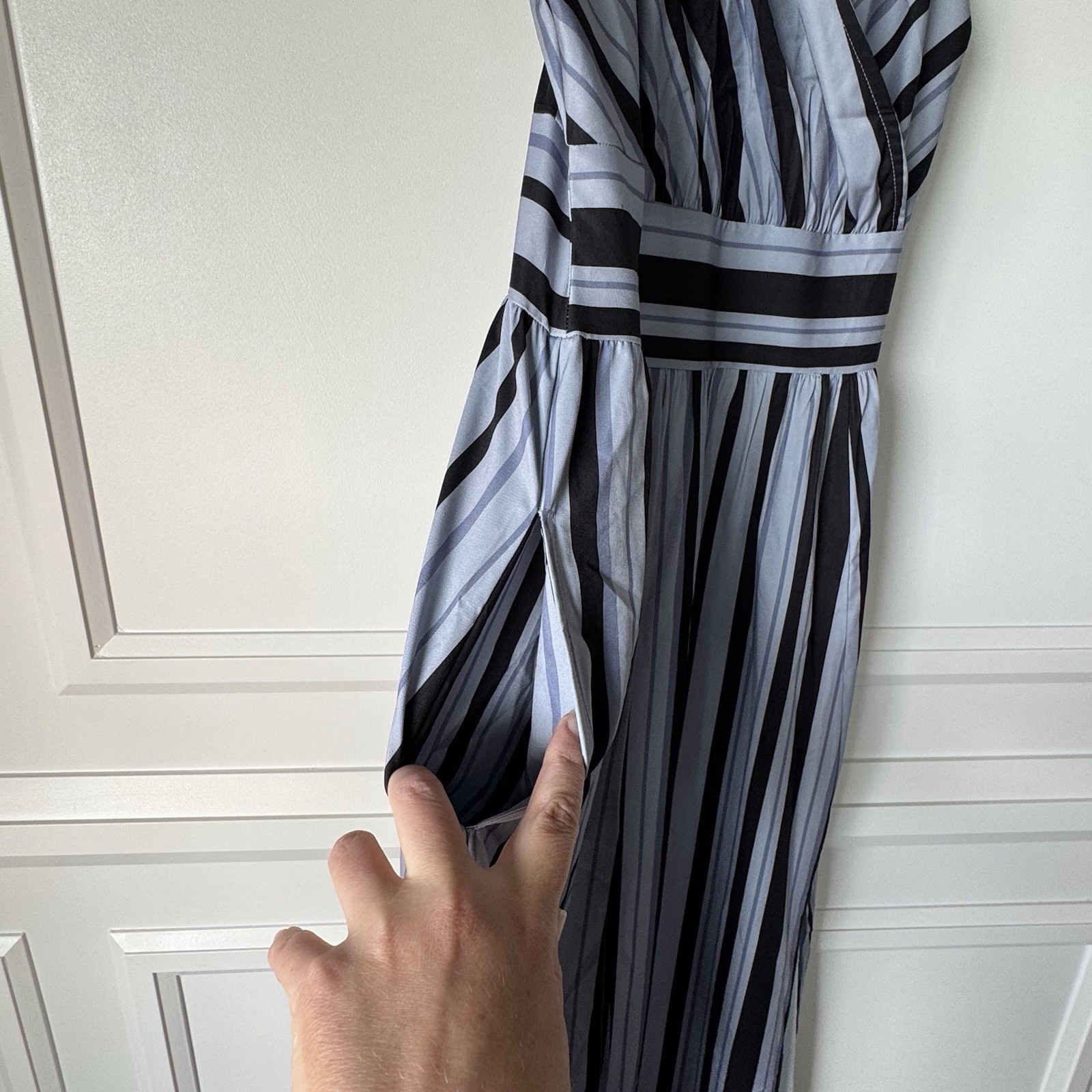 Layered Elegant Striped Sleeveless Halter Dress w/ Pockets Side Zipper Slit Sz M