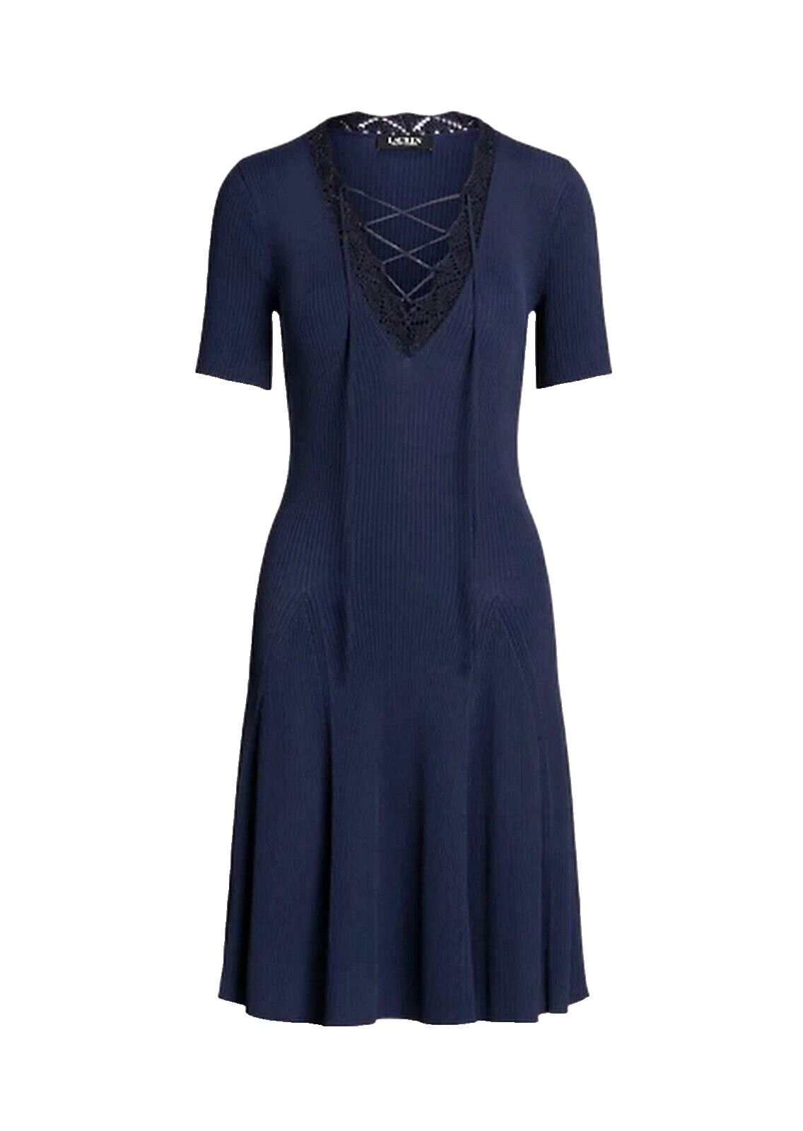 Lauren Ralph Lauren Women’s Lace-Trim Rib-Knit Dress Refined Navy Size L $225