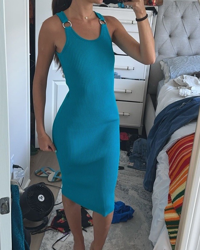 Michael Kors Teal Turquoise Bodycon Midi Dress Silver O Rings Size XS