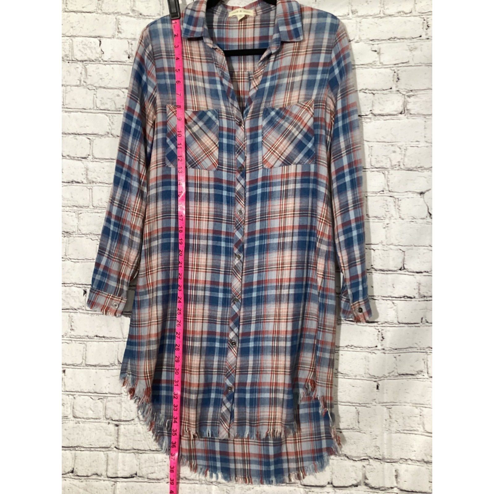 Cloth & Stone Plaid Button Down Shirt Dress Blue Red Frayed Hem XS Long Sleeve