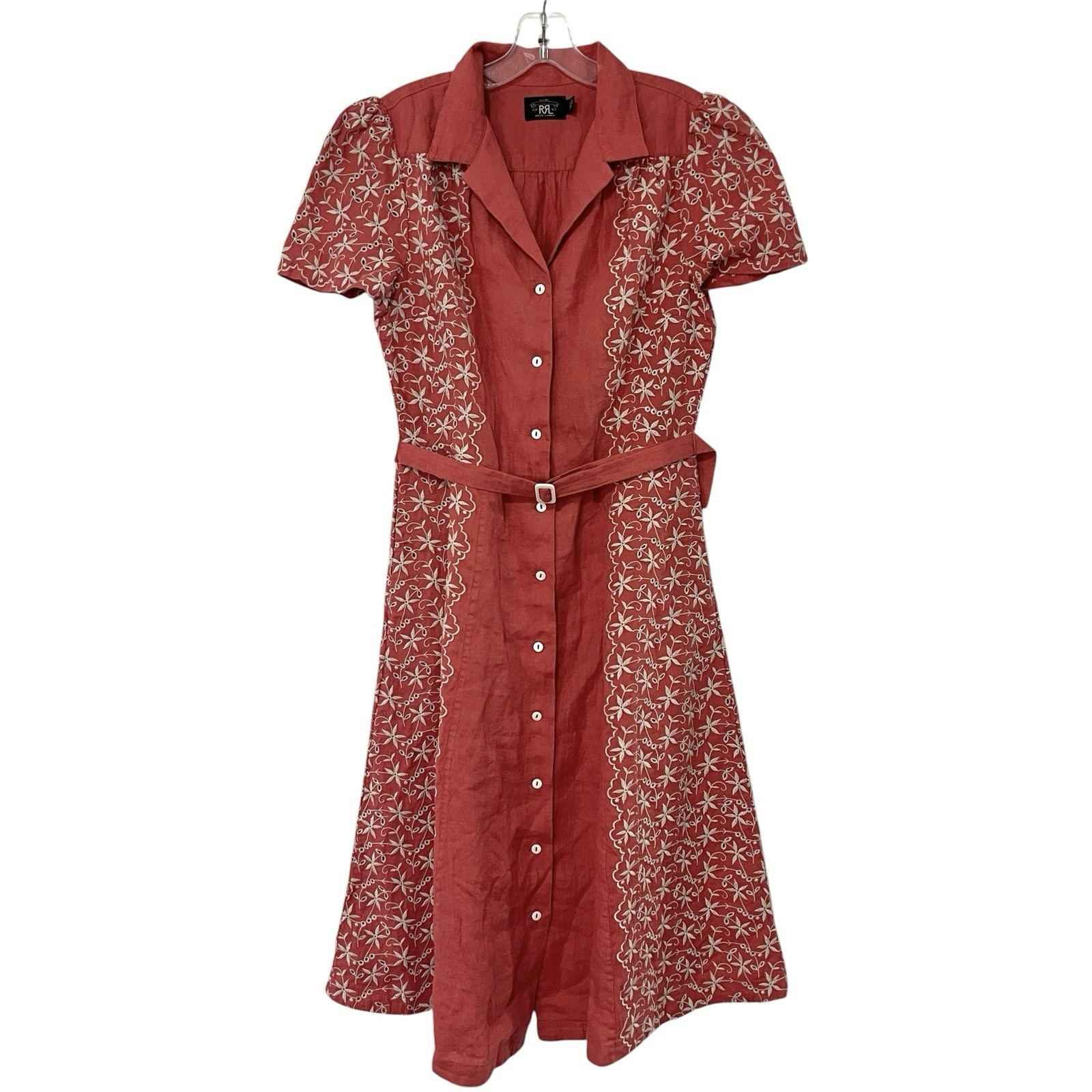 RRL Double RL Ralph Lauren Linen Embroidered Shirt Dress Belted Midi Size 4