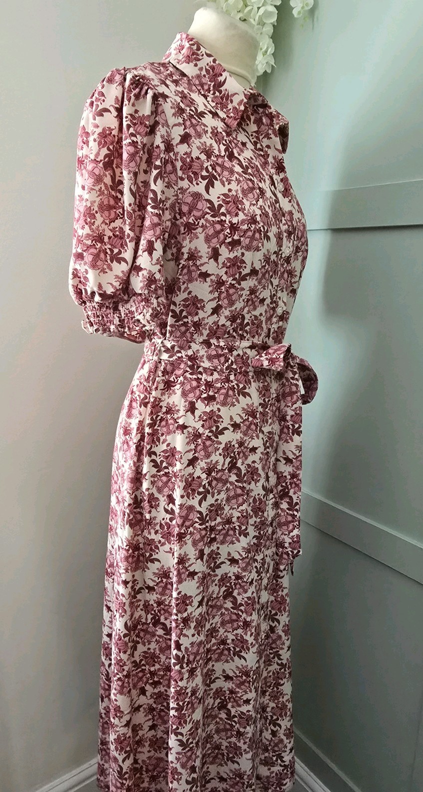 Vintage 1930s 1940s WW2 Style Maroon floral midi day dress Size 10 12