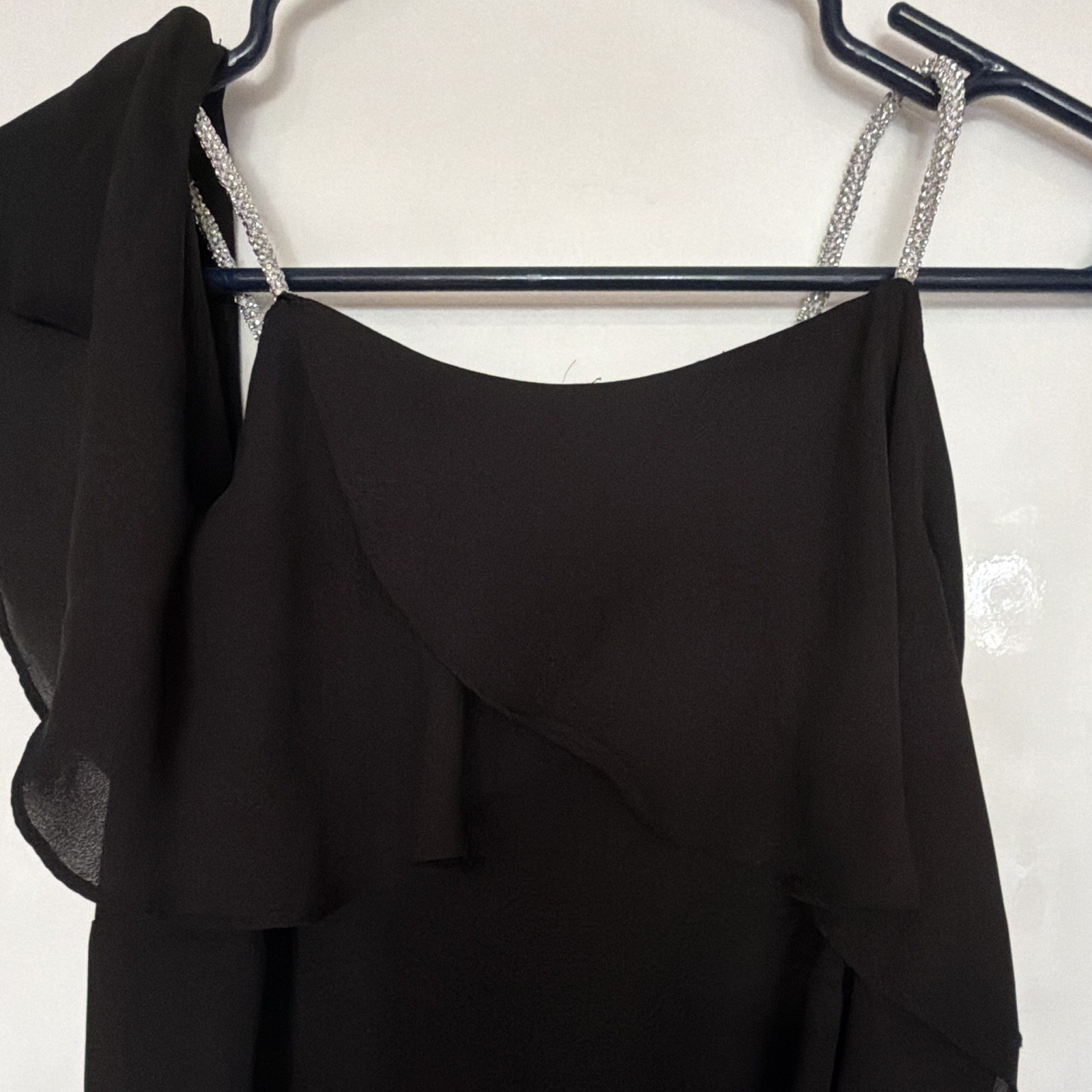 BOLD elements Black Chiffon Mini Dress XL Rhinestone Spaghetti Straps Pullover