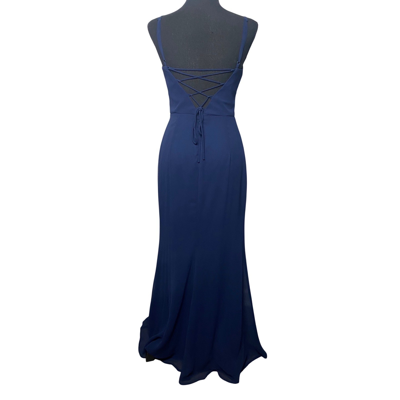 Lulus Feeling Elegant Navy Blue Lace Up Slit Maxi Dress Womens Small Formal Gown