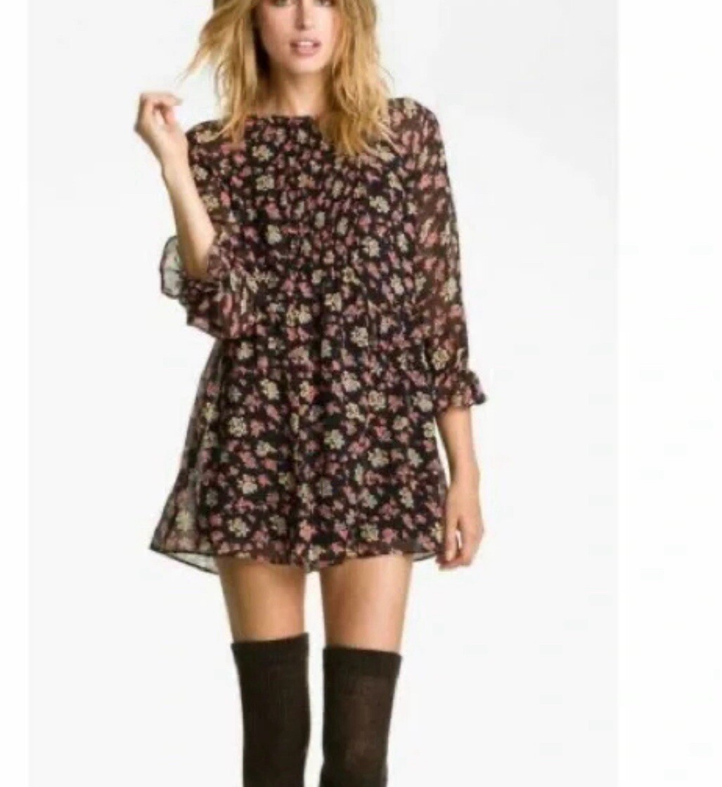 Free People Doll Pants Floral Mini Tunic Dress 10 3/4 Sleeve Lined Short Boho