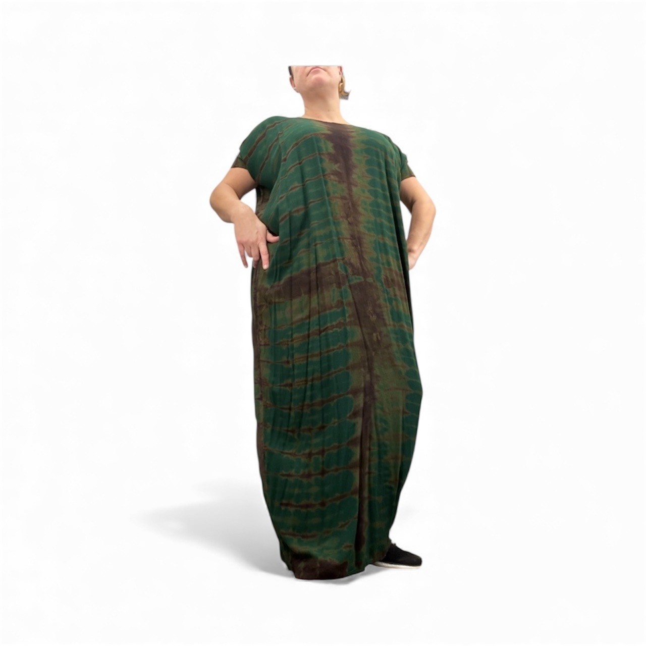 Vtg Bohemian Tie Dye Maxi Dress Green Kaftan OS Loose Fit Lagenlook Hippie XL