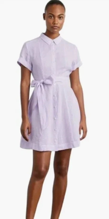 Hill House Laura 100% Linen Shirt Dress L Lilac Purple Striped Beach Preppy