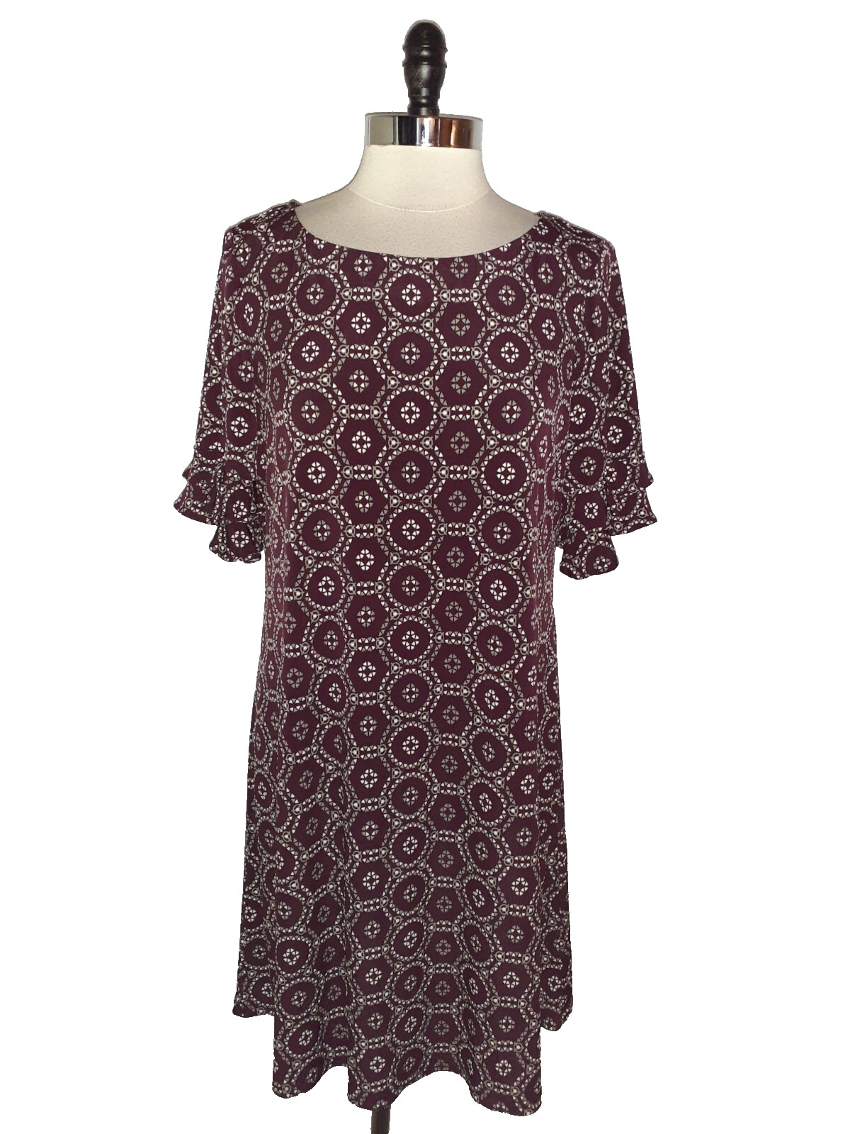 PERCEPTIONS Size XL Shift Dress Burgundy Ivory Grey Short Sleeve Stretch Knit