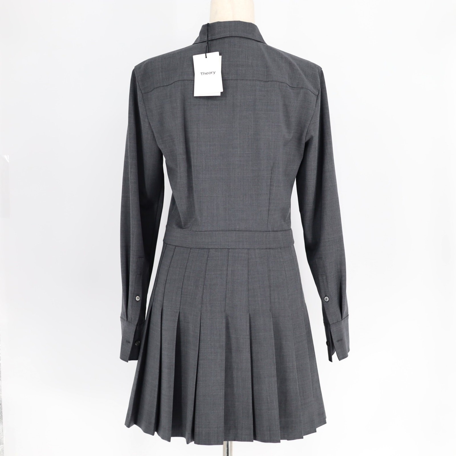 Theory Women Charcoal Wool Blend Classic Pleated Mini Shirt Dress Size US 8