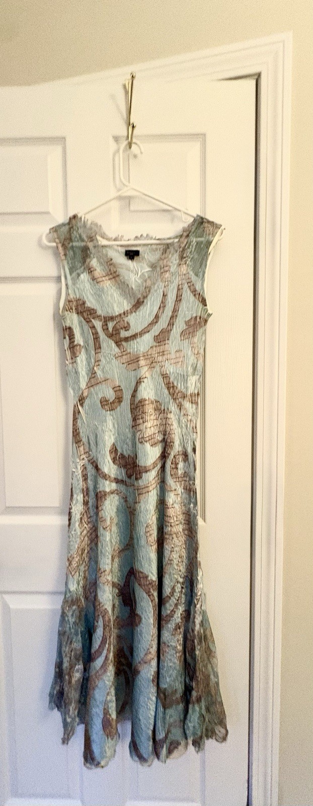 Komarov Dress Women L Blue Brown Crinkle Lace Sleeveless Midi Handkerchief Hem