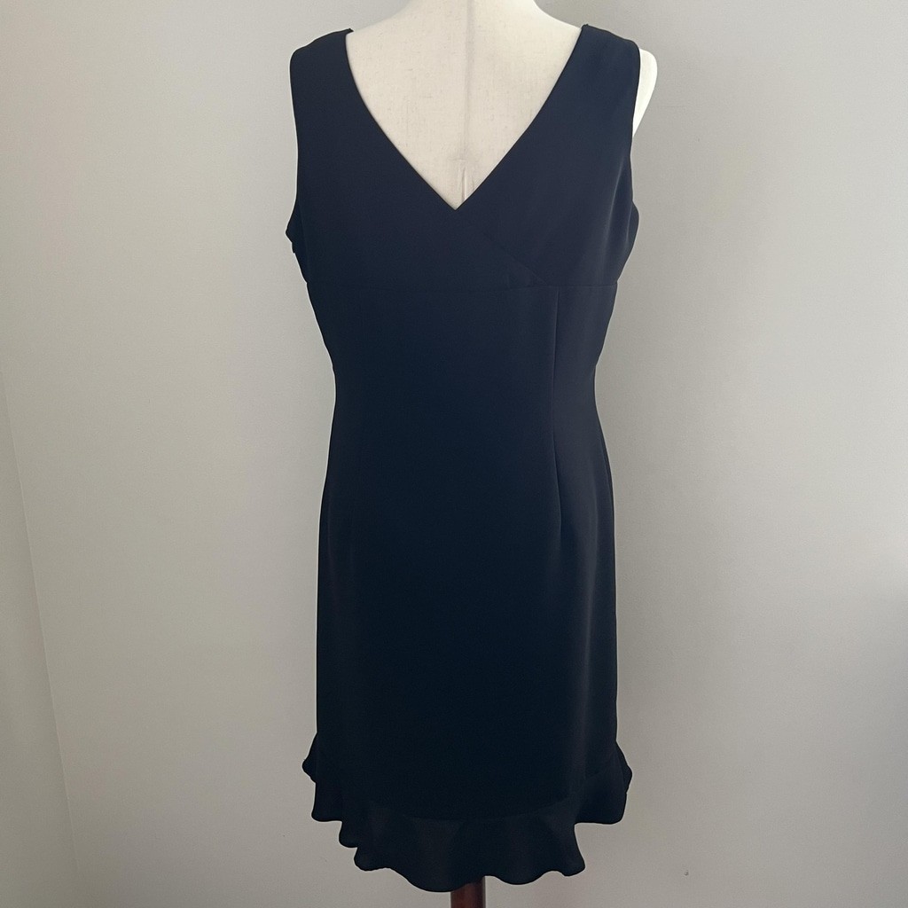 Black V Neck Mini Dress Floral Appliqué Ruffle Hem Romantic Chic