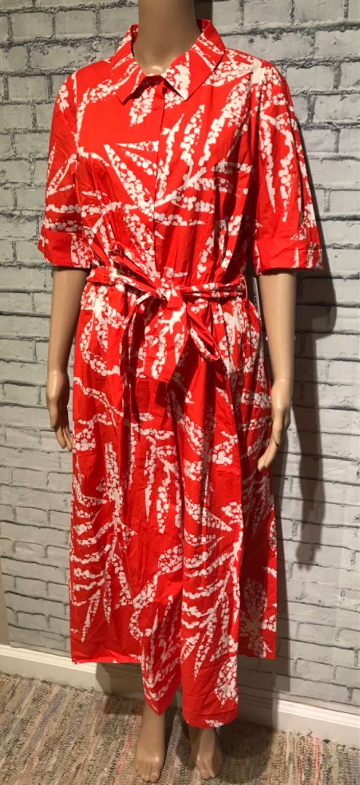 NWT$129, DKNY, 14, Orange/White 100% Cotton Leaf Print 1/2 Sleeves Long Dress