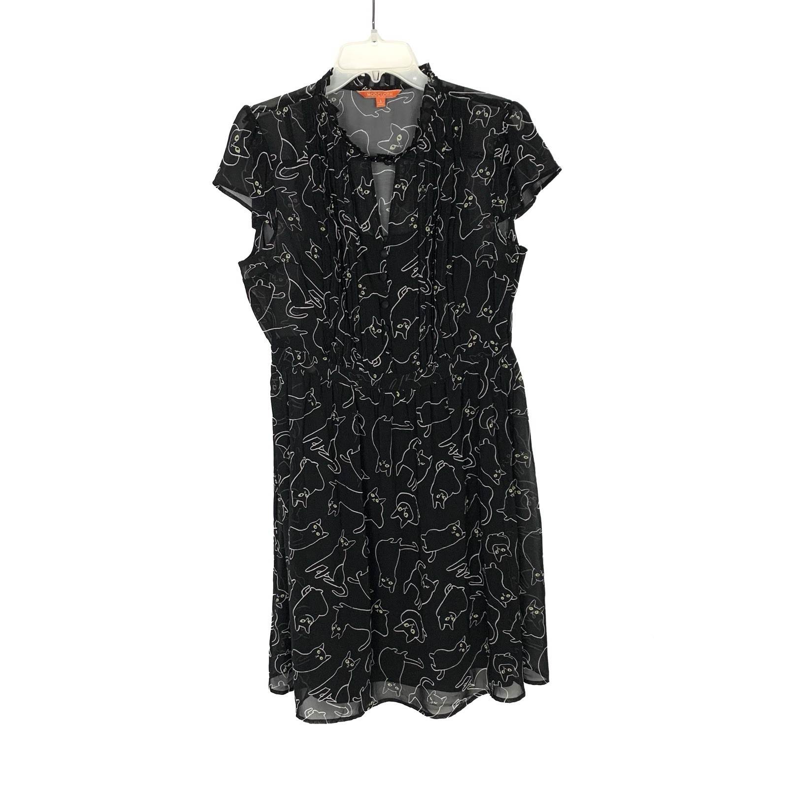 Modcloth Women L Dress Whimsical Cats Chiffon Sheer Lined Adjustable Strap Black