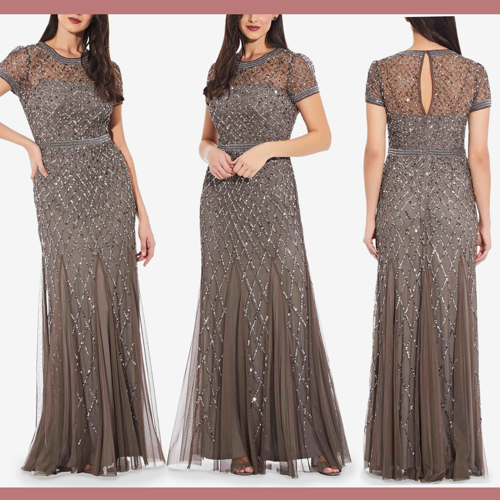 NEW $318 Adrianna Papell [ 8 ] Cap Sleeve Beaded Mesh Gown in Lead #M5