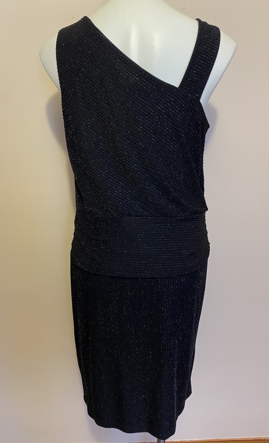 DAVID MEISTER Metallic Ribbed Draped Knot Asymmetric Neck Slvless Dress Black 12