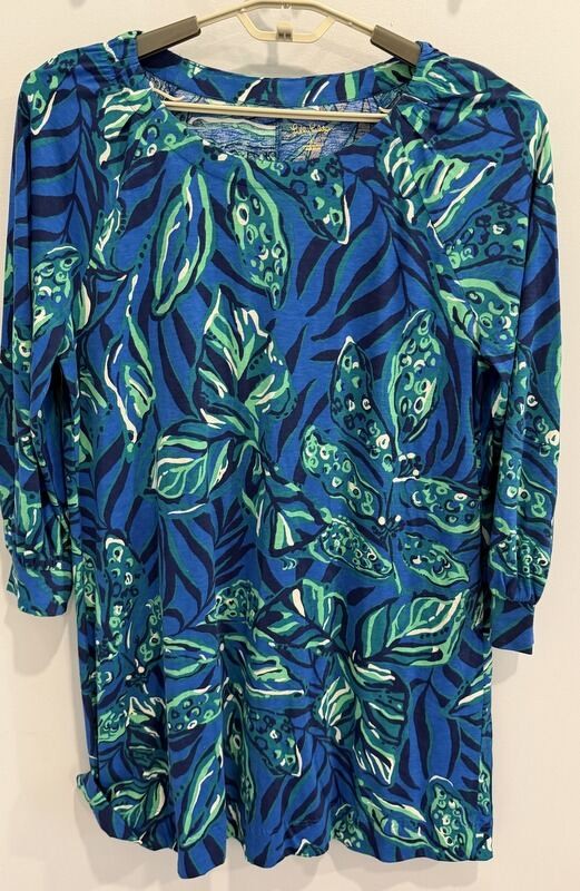 Lilly Pulitzer Elianna Blue Green Leaf Print Cotton Dress Bracelet Sleeve XL
