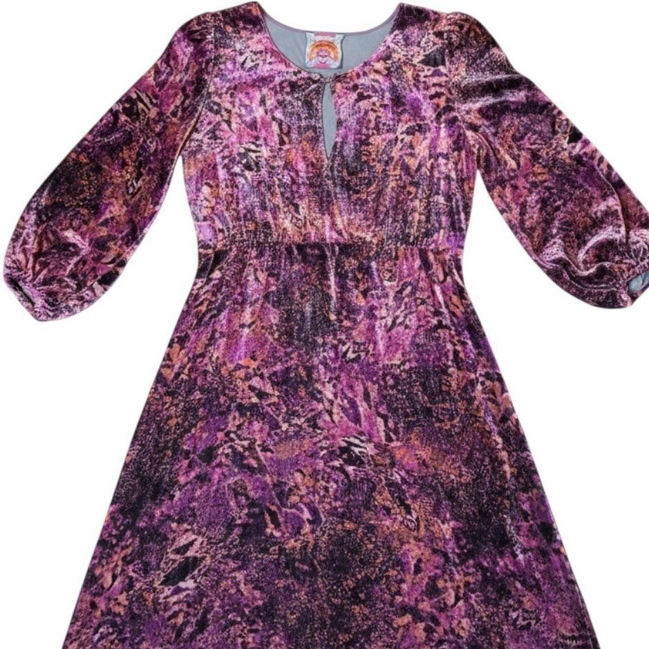 Johnny Was Velvet Dress Women Purple Abstract Print 3/4 Sleeve Boho maxi size S