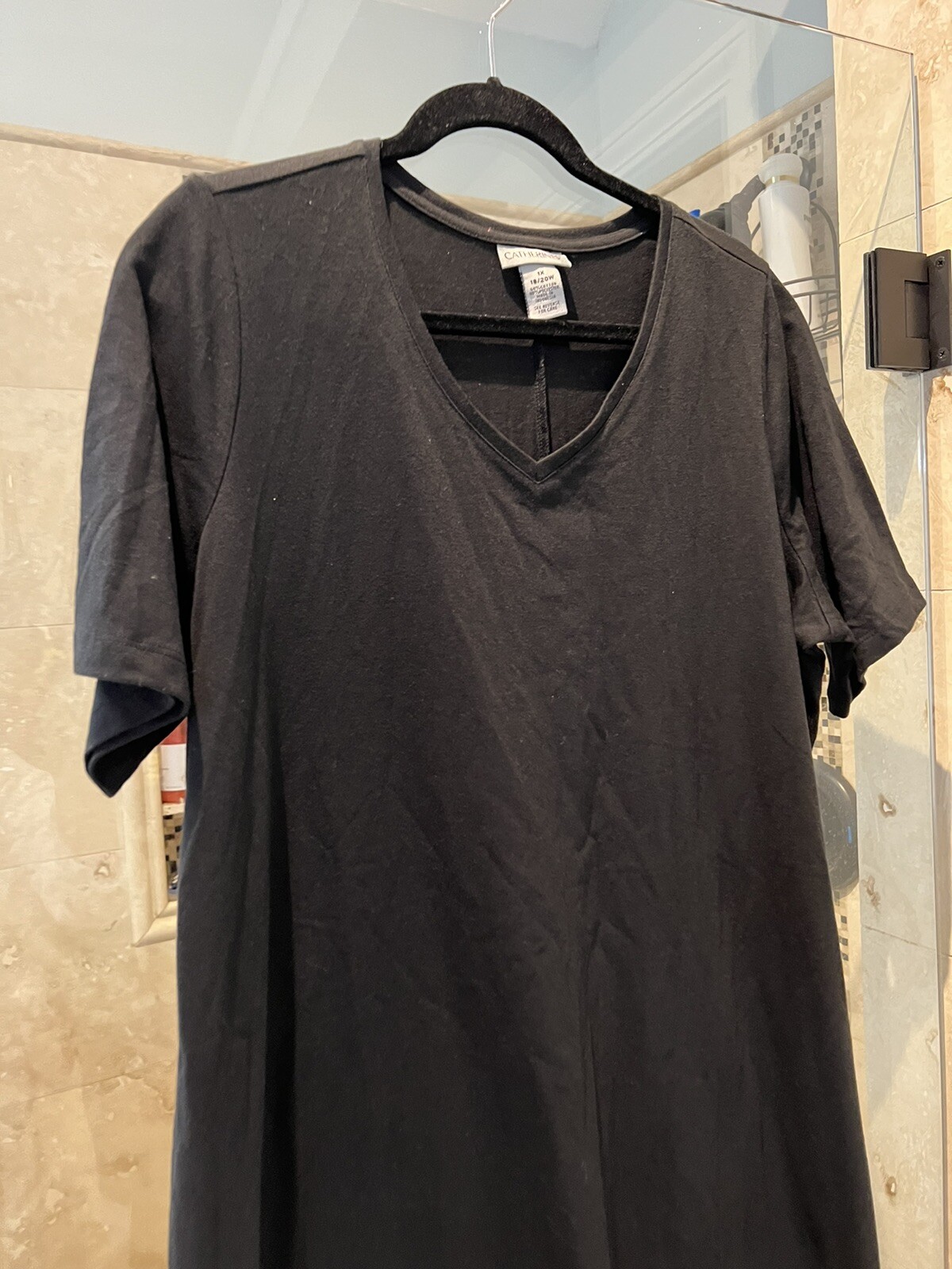 Catherines Black Sleeve Short Midi Length CotTon Poly V Neck Classic 1X