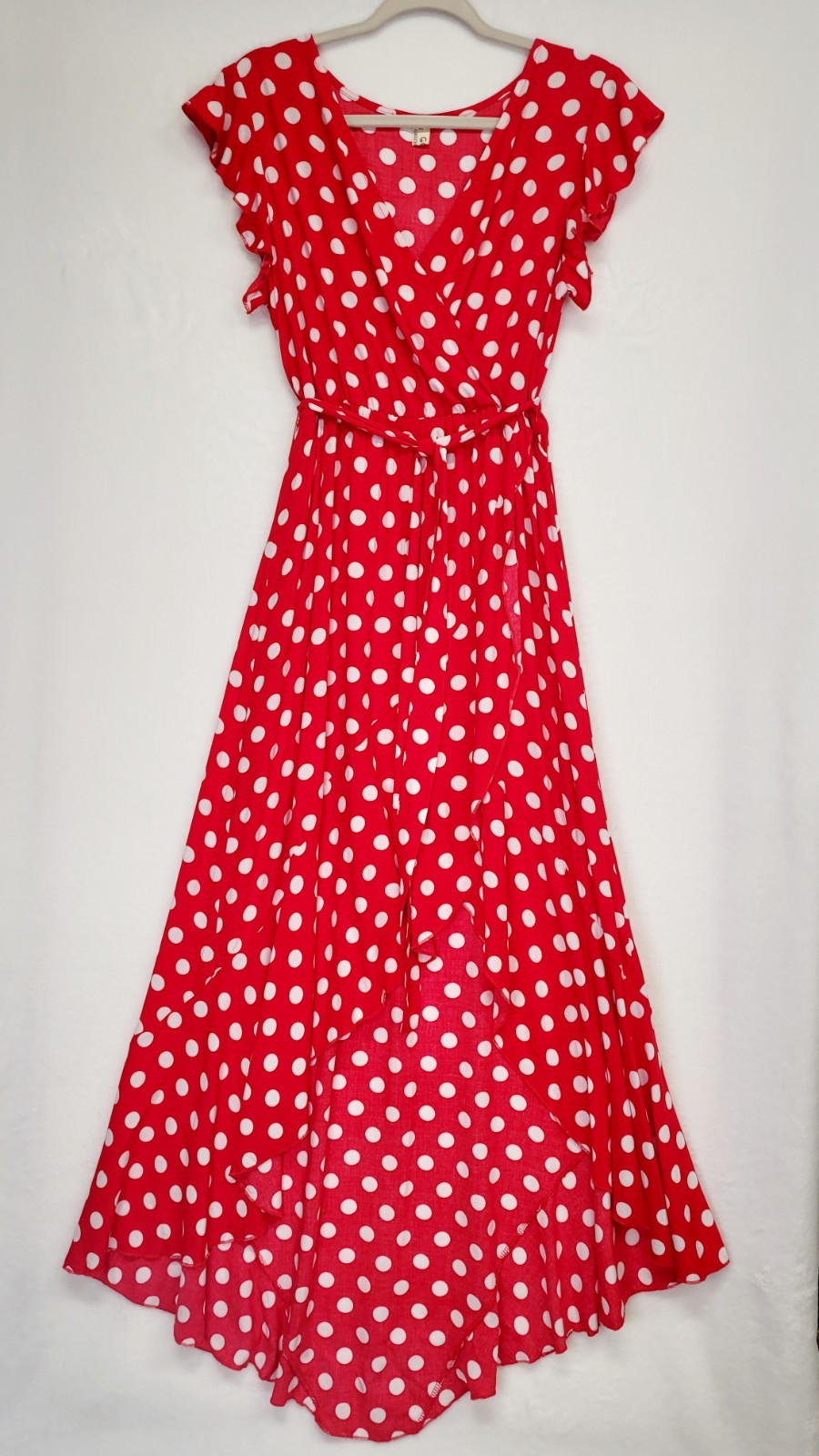 Red Polka Dot Faux Wrap Surplice Maxi Dress M Hi Low Ruffle Romantic Retro Femme
