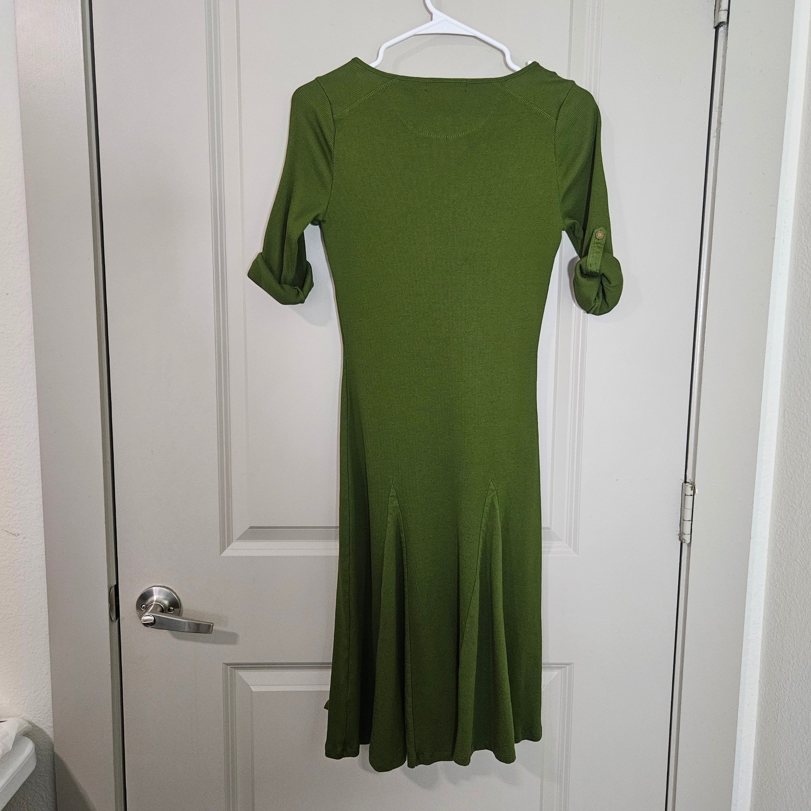 Lauren Ralph Lauren Olive Green Ribbed Henley Dress Roll Tab Sleeve Womens S
