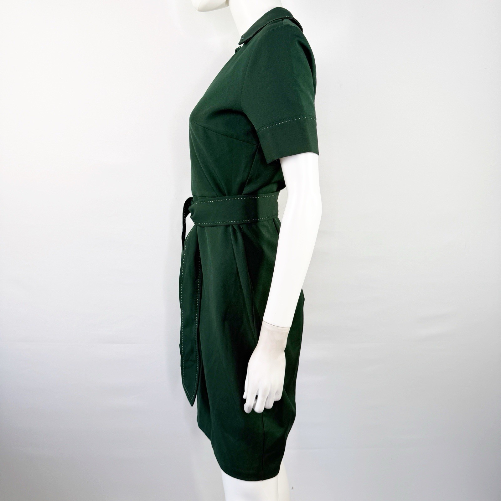 Alexia Admor Dark Green Belted Sheath Dress Size 6 Preppy Collared Short Sleeve
