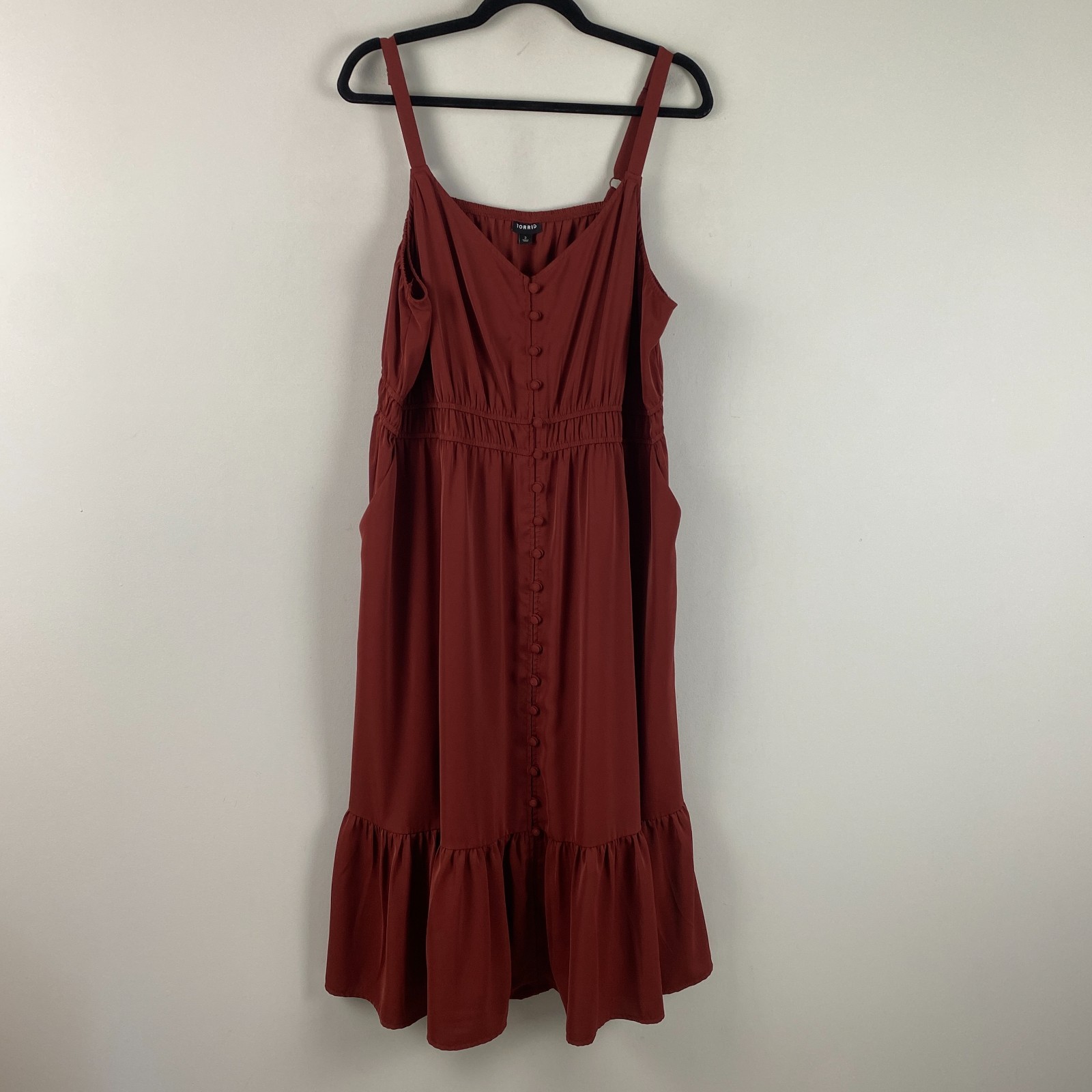 Torrid Midi Dress 2X Studio Crepe de Chine Lace Trim Button Front Ruffle Rust