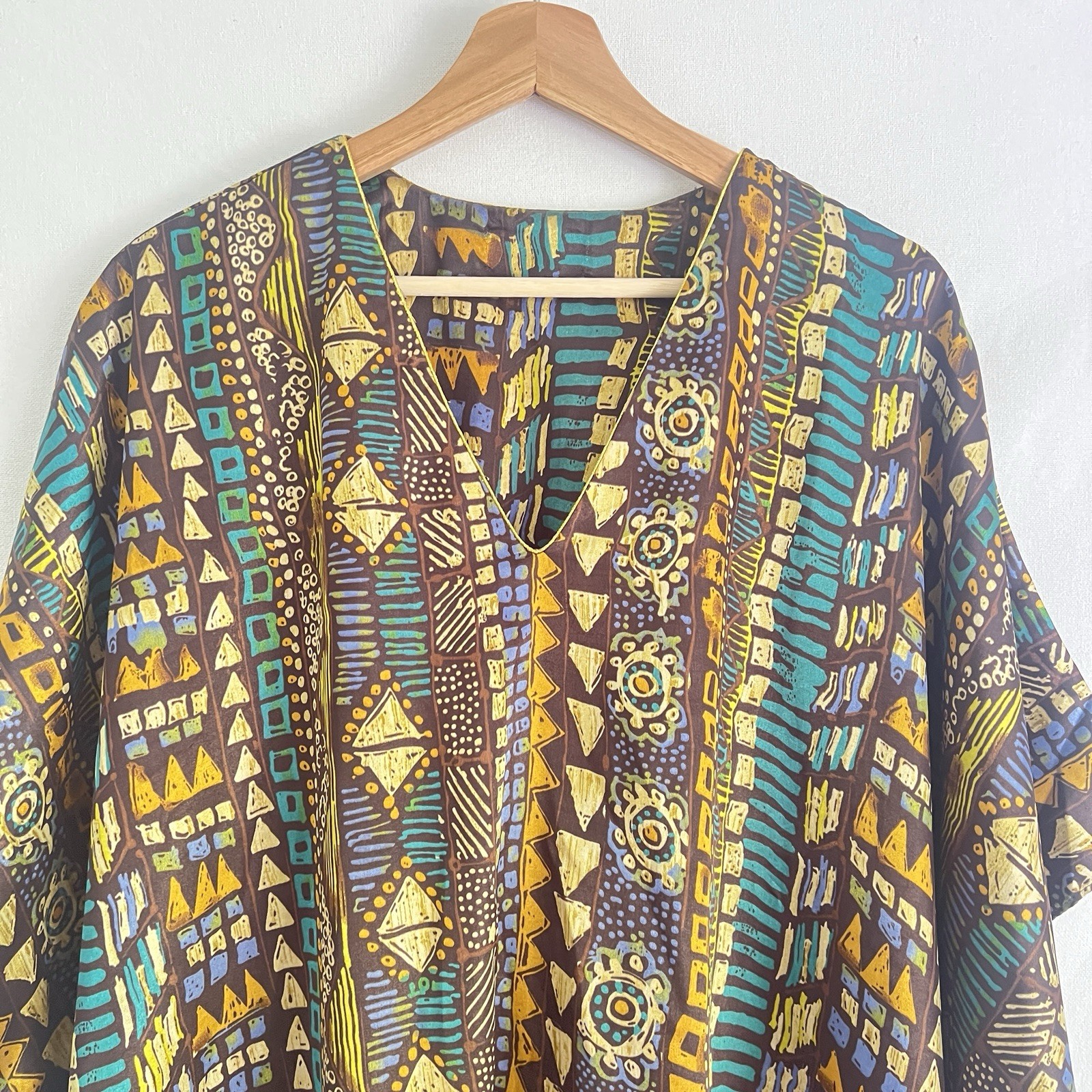 70s Caftan Vibrant Abstract Print Boho Resort Statement Maxi Dress M Turquoise