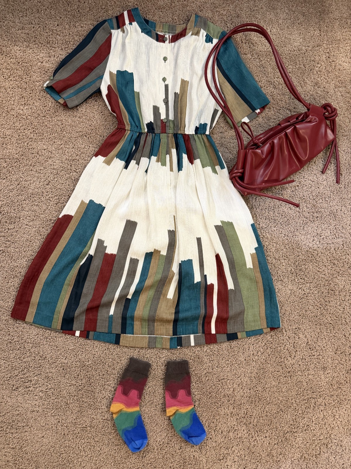 🎨 Vintage Abstract Colorblock Brushstroke Midi Dress Vintage from 1980s
