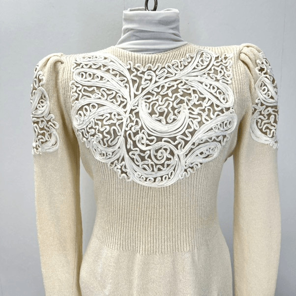 Vintage 80s Pat Sandler Wellmore Embellished Cream Sweater Dress Women’s 6 Zip