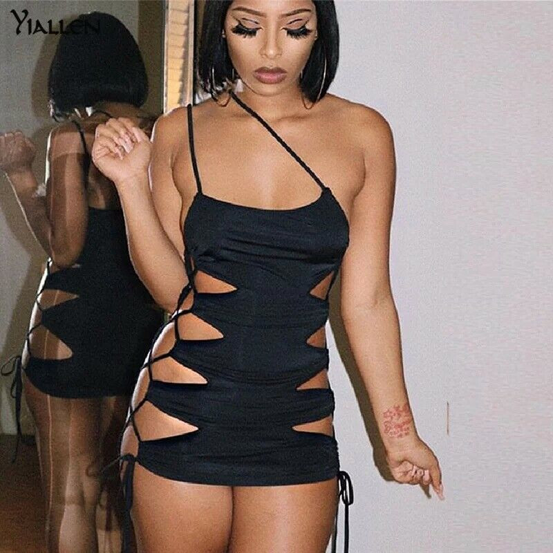 Summer Black Sexy Hollow Out Lace Up Sling Slim Dress Women Fashion Sleeveless