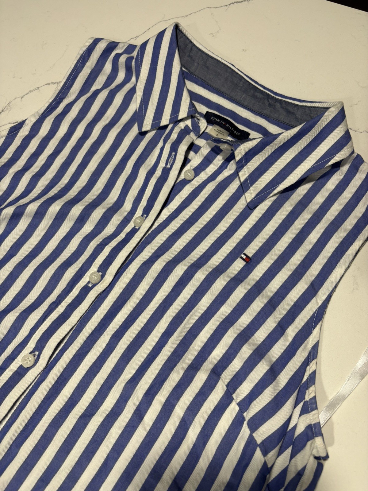 Tommy Hilfiger Striped Sleeveless Shirt Dress Blue White Button Front Size 8
