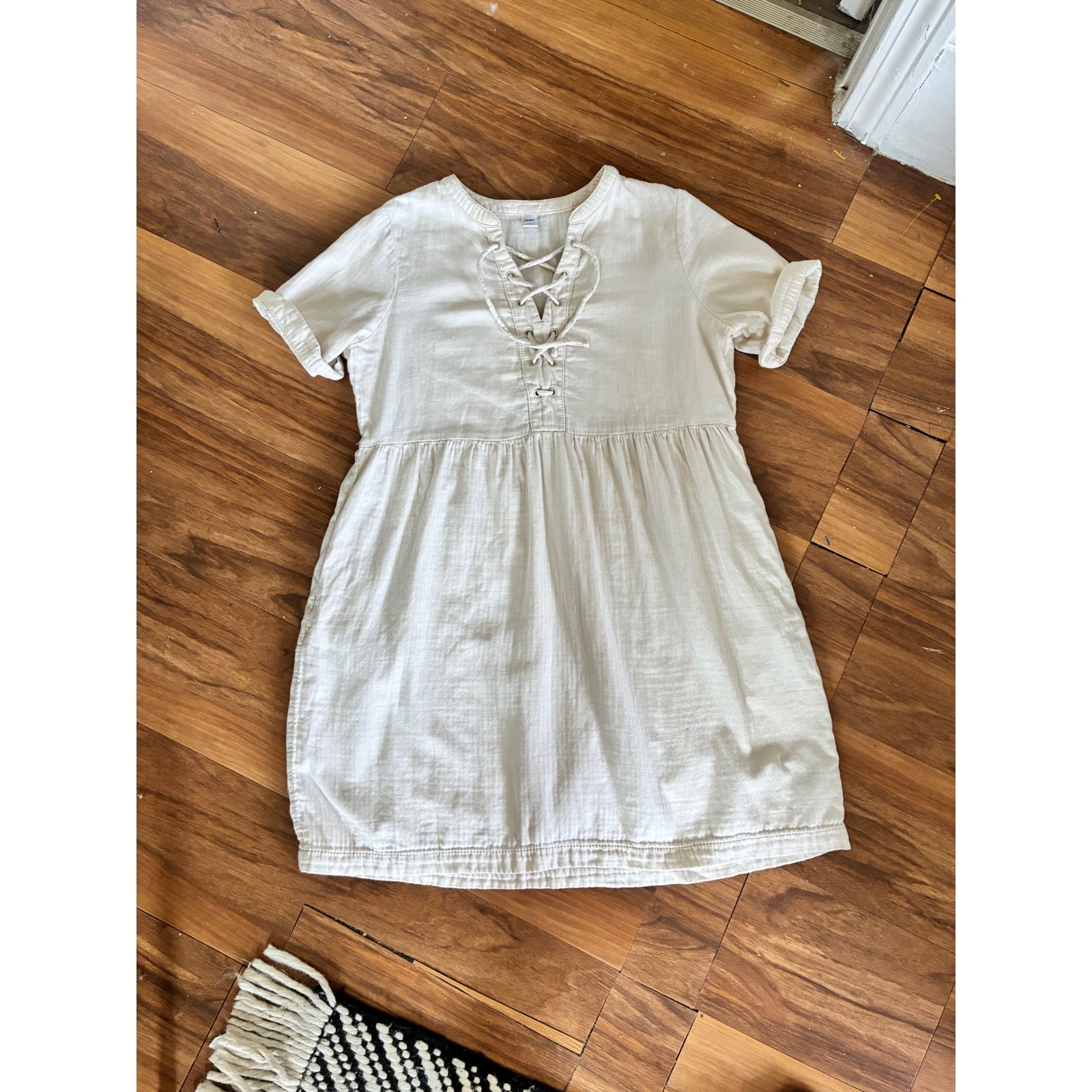 Old Navy Cream Cotton Gauze Lace Up Mini Dress Short Sleeve Boho Neutral Small
