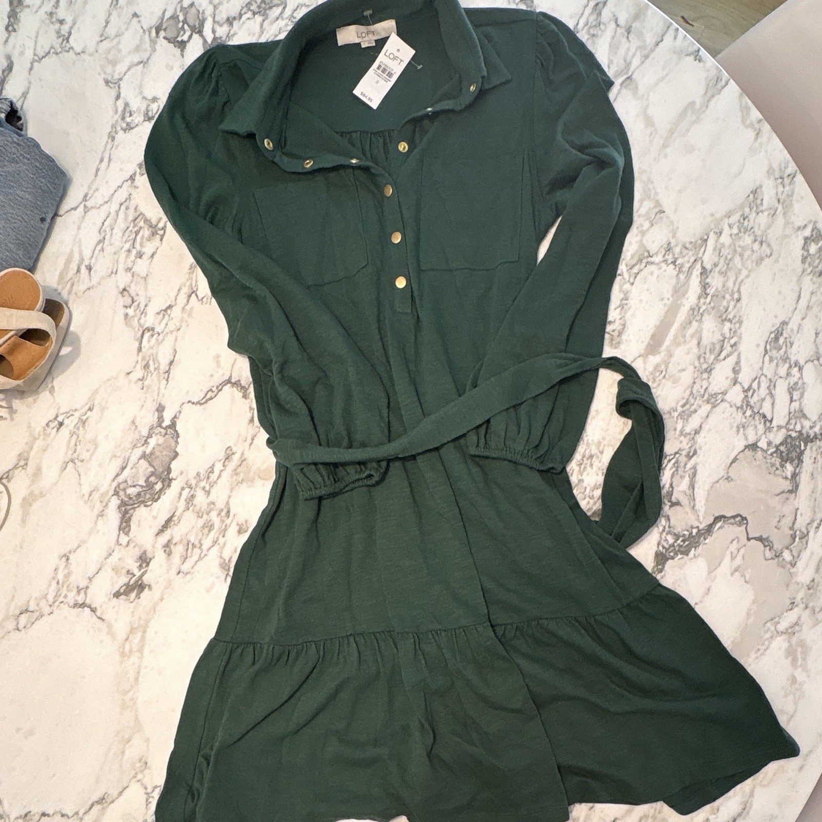 LOFT Green 100% Cotton Gold Snap Front Belted Dress w/ Long Sleeve S