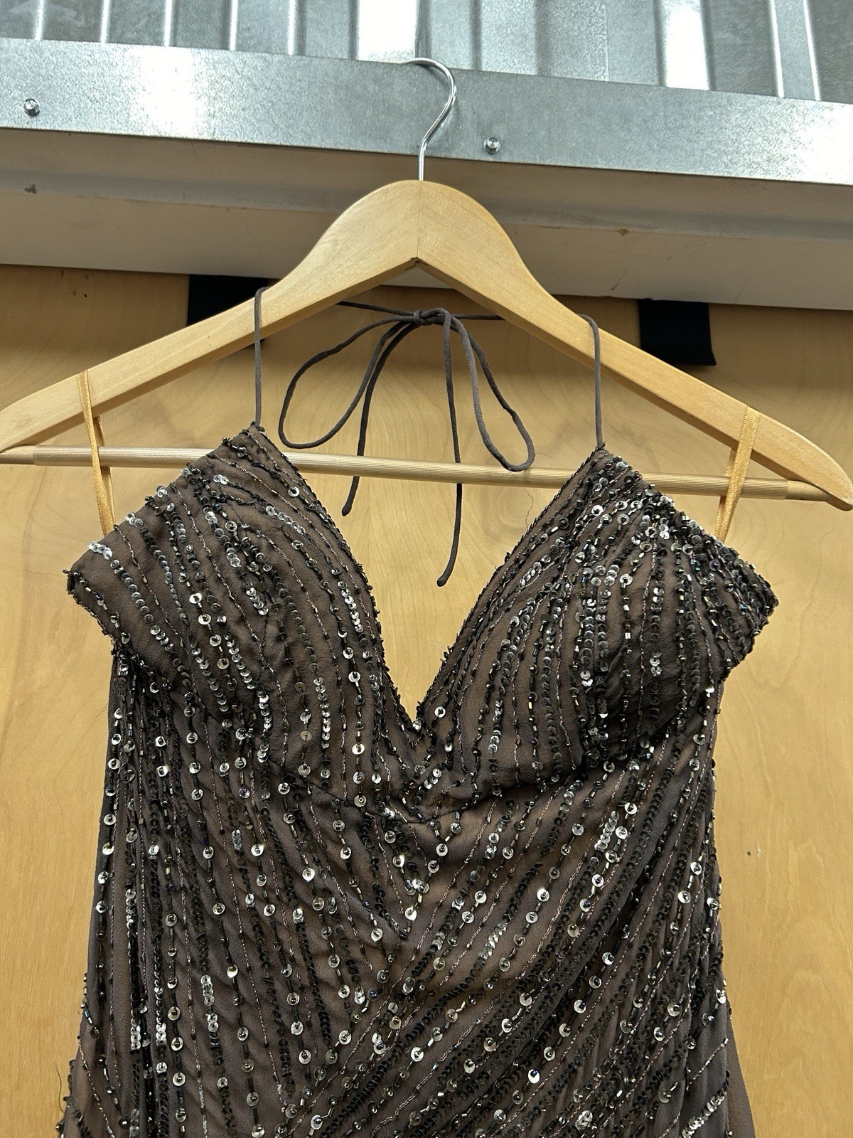 VTG Cassandra Stone 100% Silk Beaded Sequin Halter Brown Dress 4 Ruffle Fairy