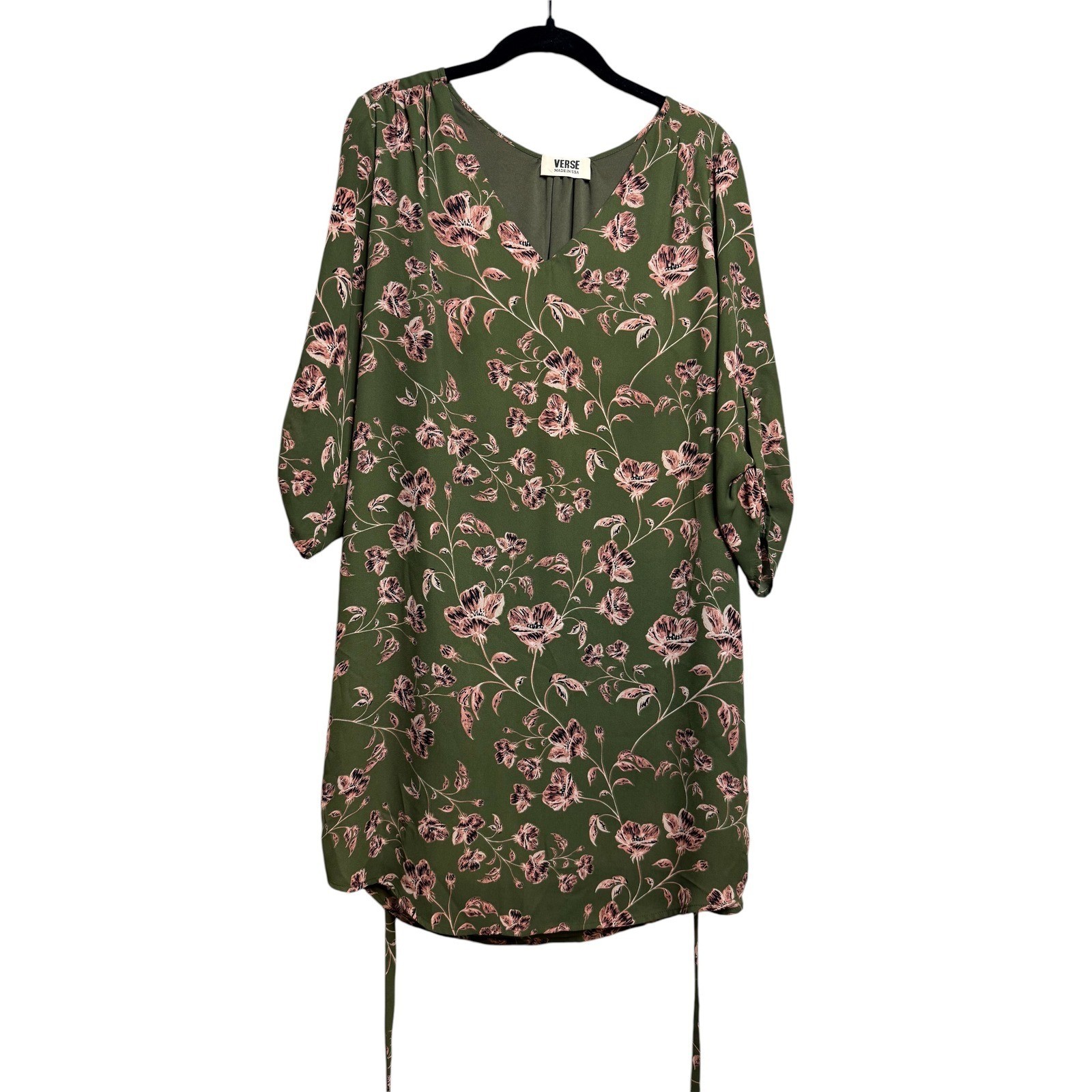 Verse Olive Green Pink Floral V-Neck Roll Tab Sleeve Shift Mini Dress Womens
