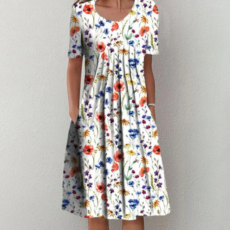 Women Floral Crew Neck Short Sleeve Midi Dress Ladies Loose Pocket Pleated Dress