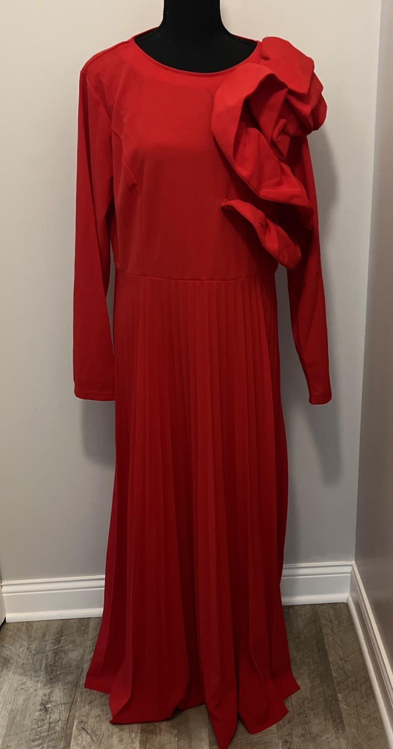 AOMEI Women’s Sz 2XL Red Long Sleeve Pleated Maxi Formal Long Evening Dress