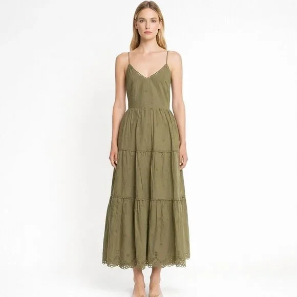 Caroline Constas women Olive Cotton Eyelet Tie Back Midi to Maxi Dress sze Small