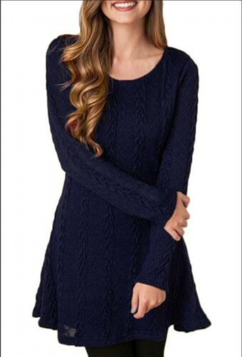 Knitted Sweater Mini Long Sleeve Blouse Women Sweatshirt Dress Tunic Cable