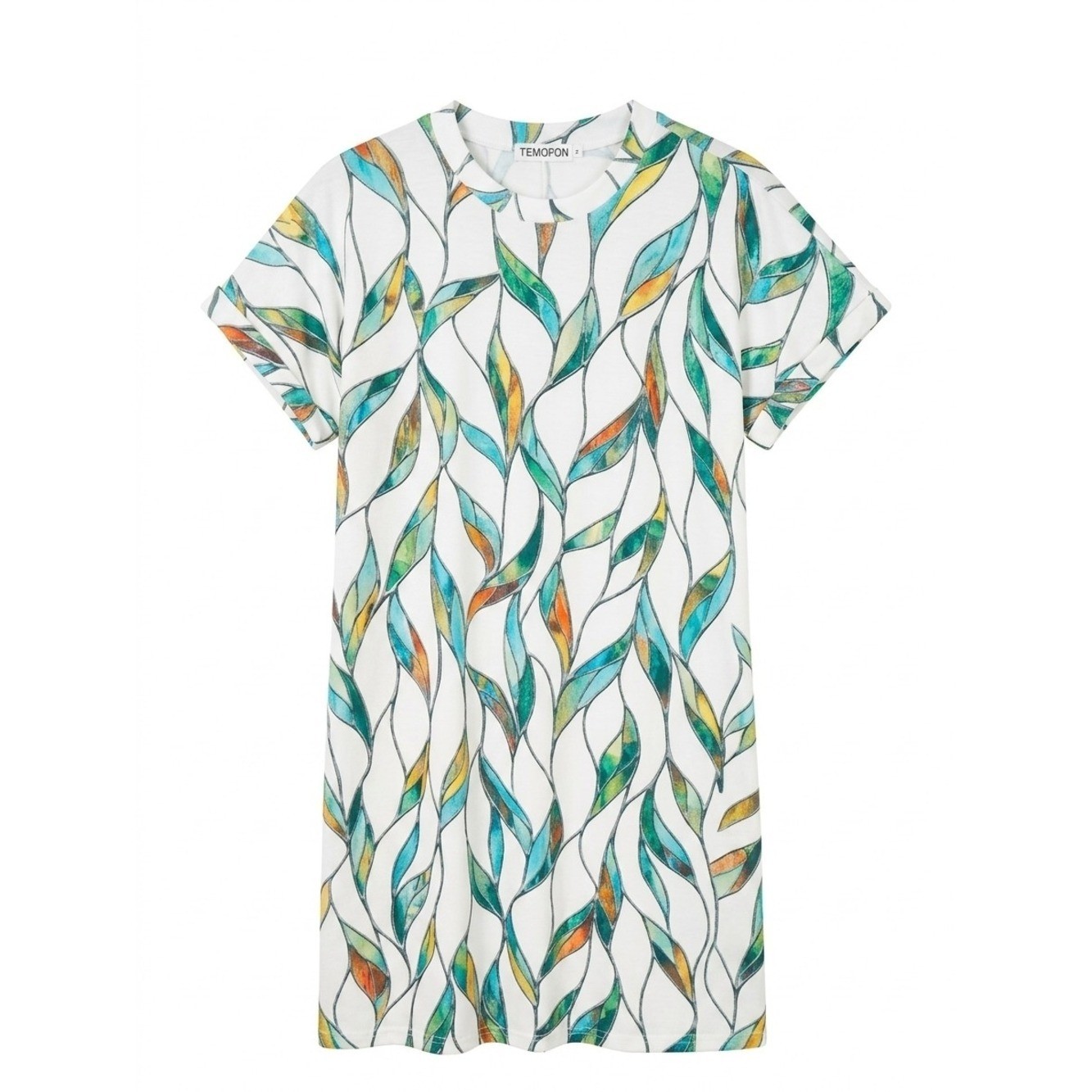 Temopon White Midi Dress with Teal and Orange Leaf Print