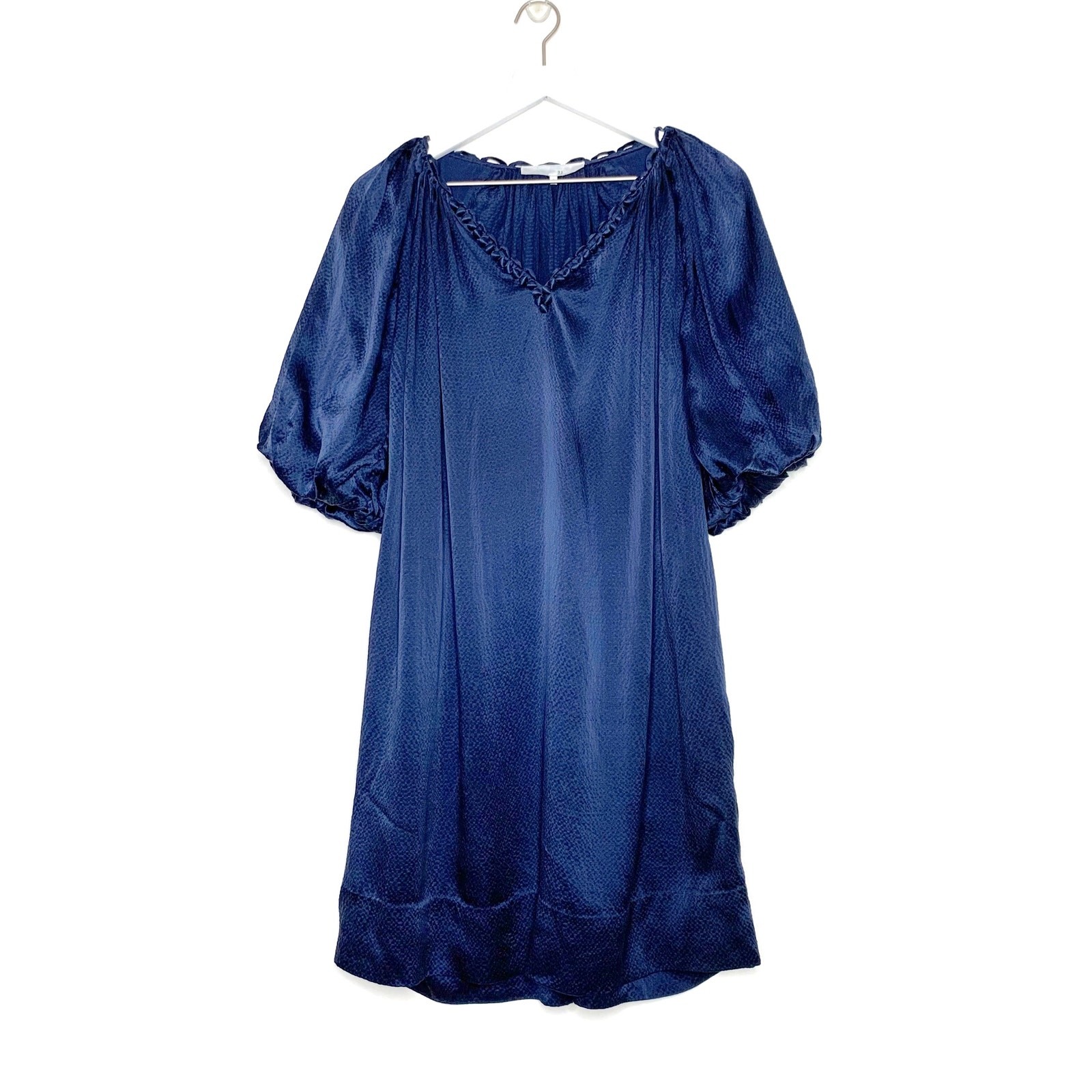 3.1 PHILLIP LIM Pebbled Washed Silk Puff Sleeve Mini Shift Dress Navy Blue sz 6