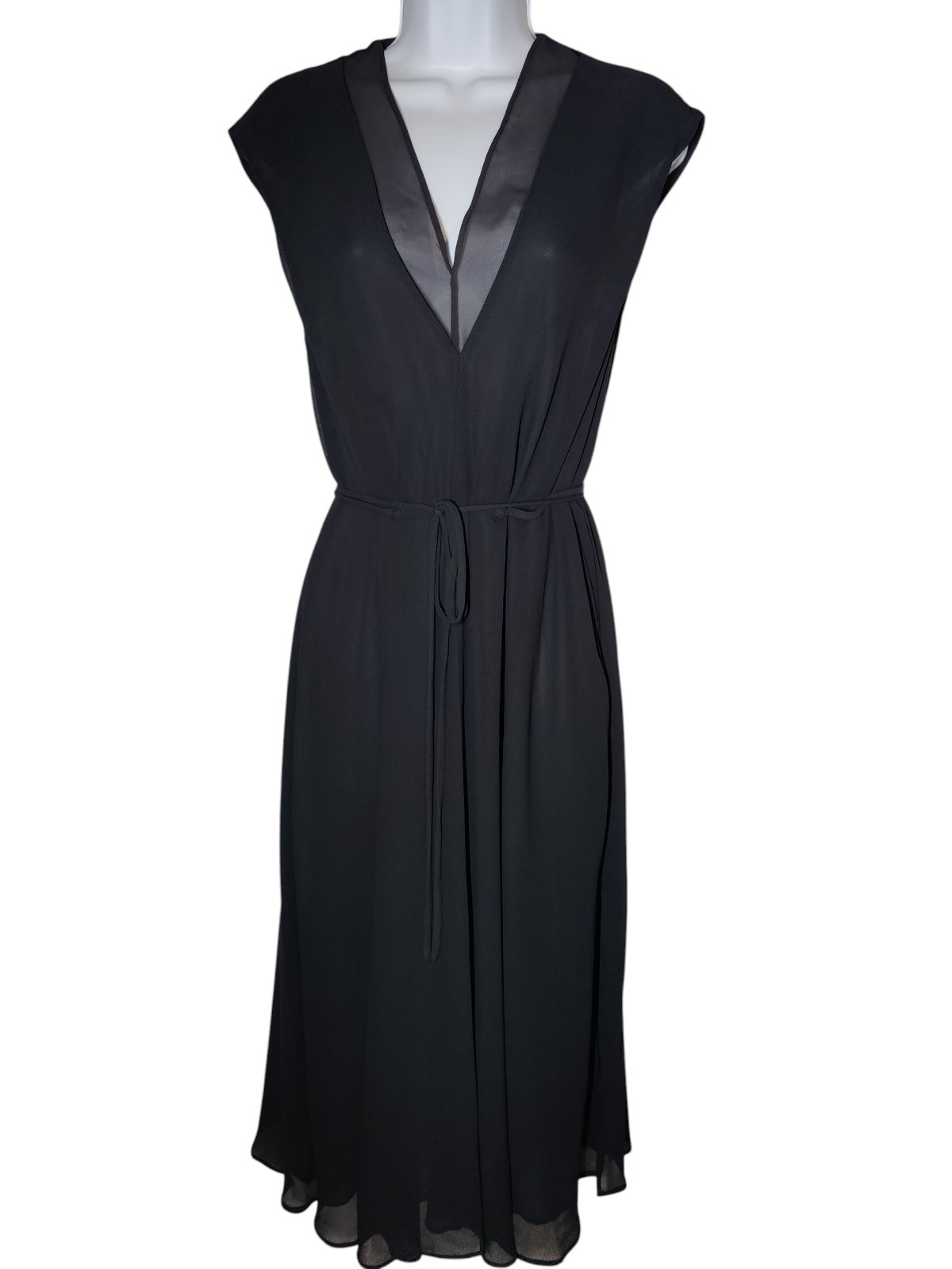 MNG Black Maxi Dress Fit And Flare Chiffon Mesh Sleeveless W Waist Tie 6 NWT