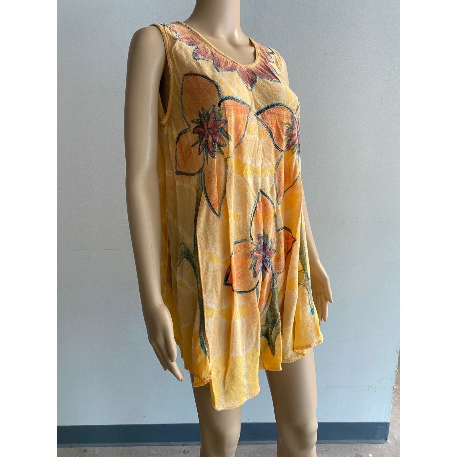 Sunflower Batik Floral Crinkle Cover Up Tunic Dress Yellow Boho OS Lagonlook